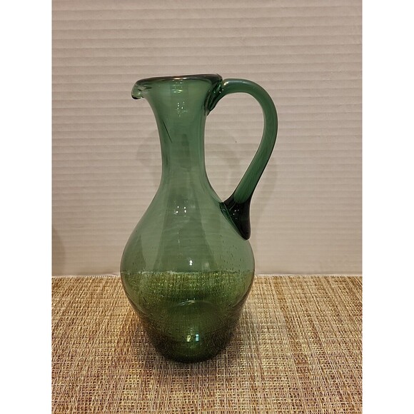 Hand Blown Green Glass Pitcher With Bubbles At Bottom - Picture 1 of 11